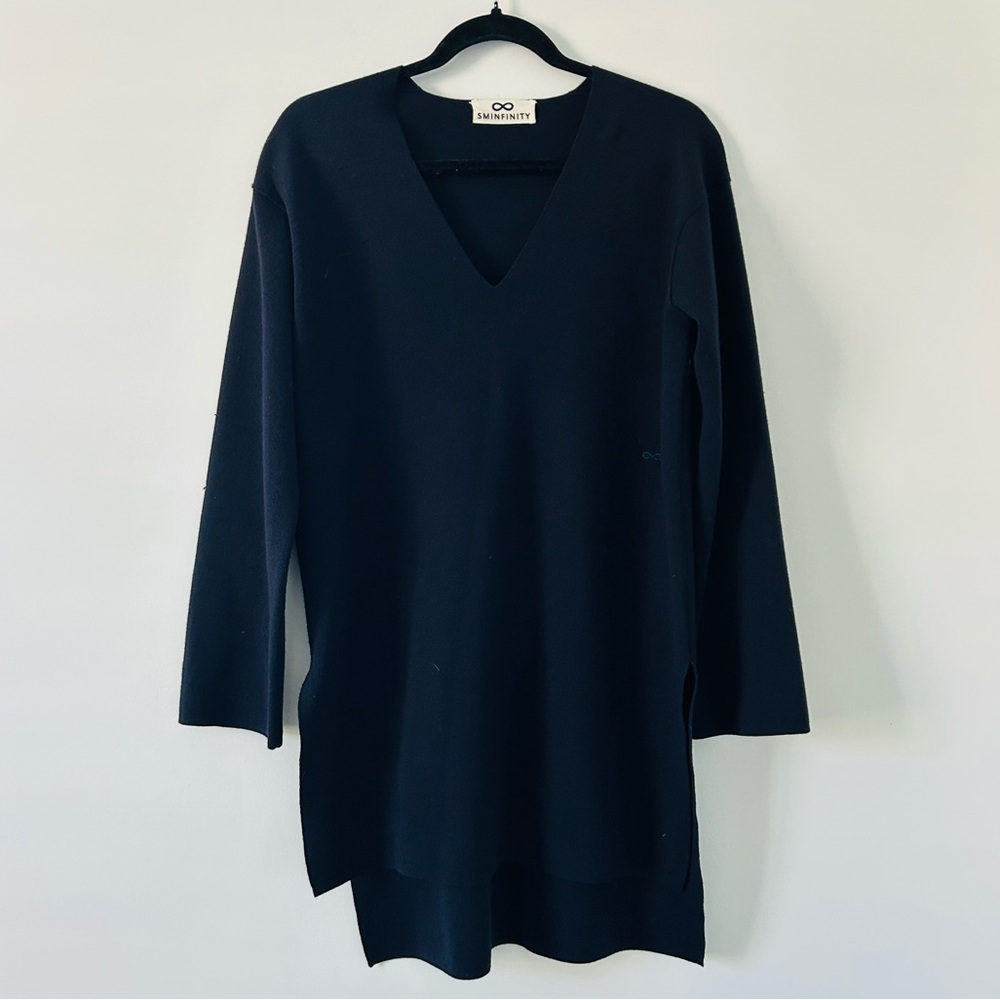 Sminfinity Navy Blue Merino Wool Long Sleeve Side Slit Oversized Knit Tunic XS